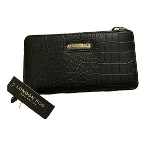 NWT LONDON FOG DOUBLE WALLET CROSSBODY PURSE CROCODILE BLACK